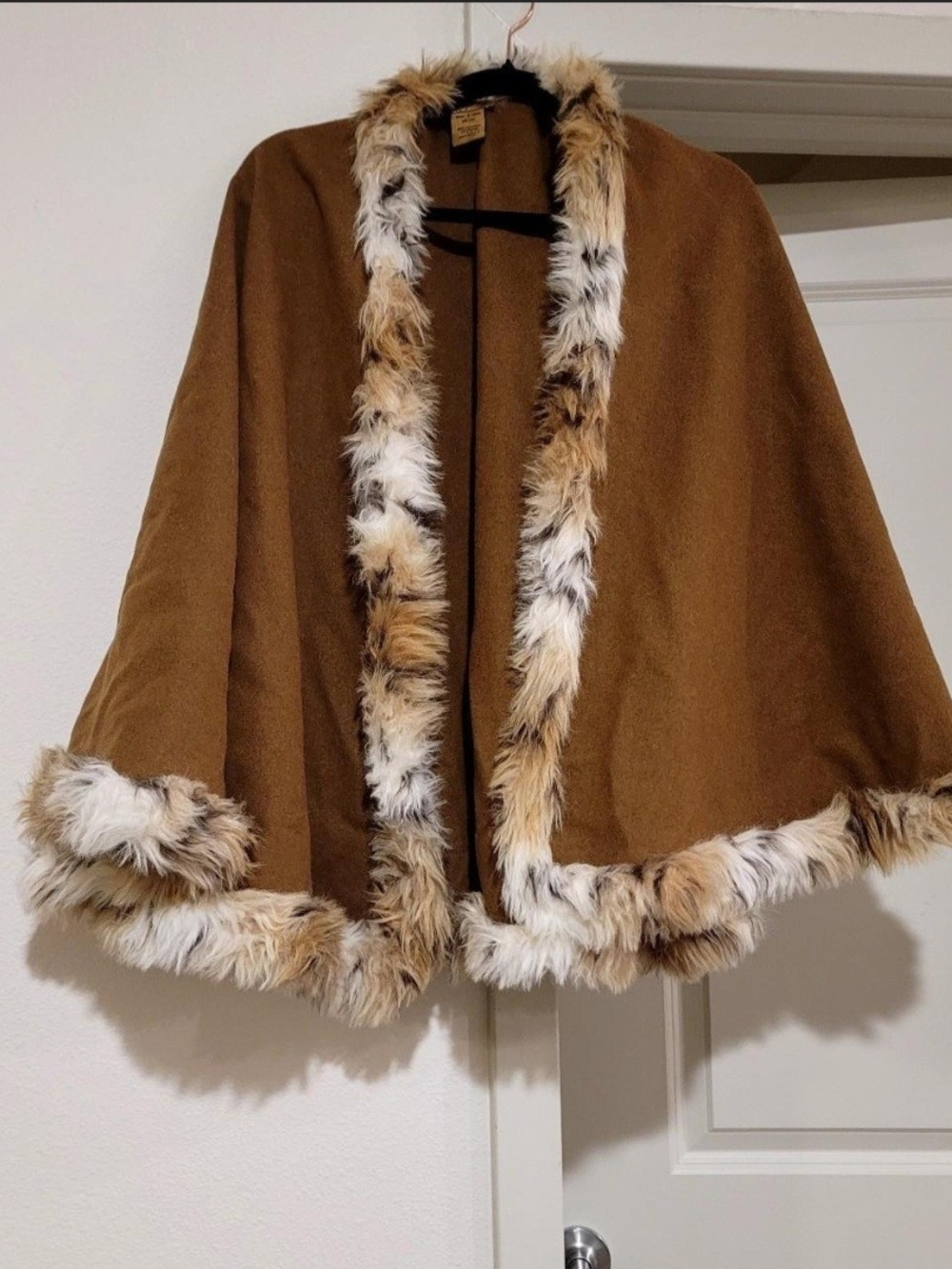 Midnight Velvet Camel Brown Cape with Faux Fur Trim
